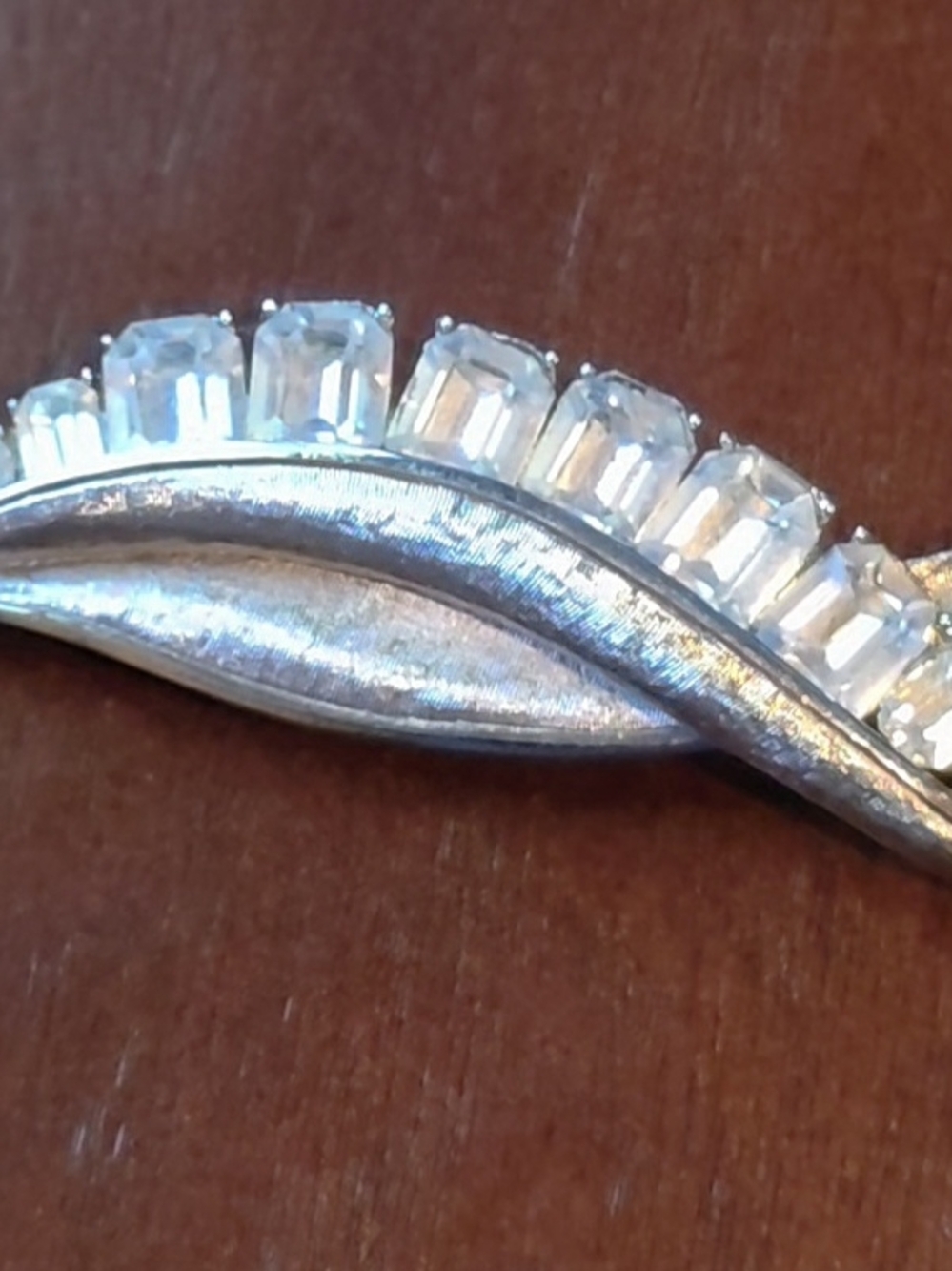 Vintage BSK Signed Silver Tone Leaf Brooch Baguette Rhinestone Mid-Century